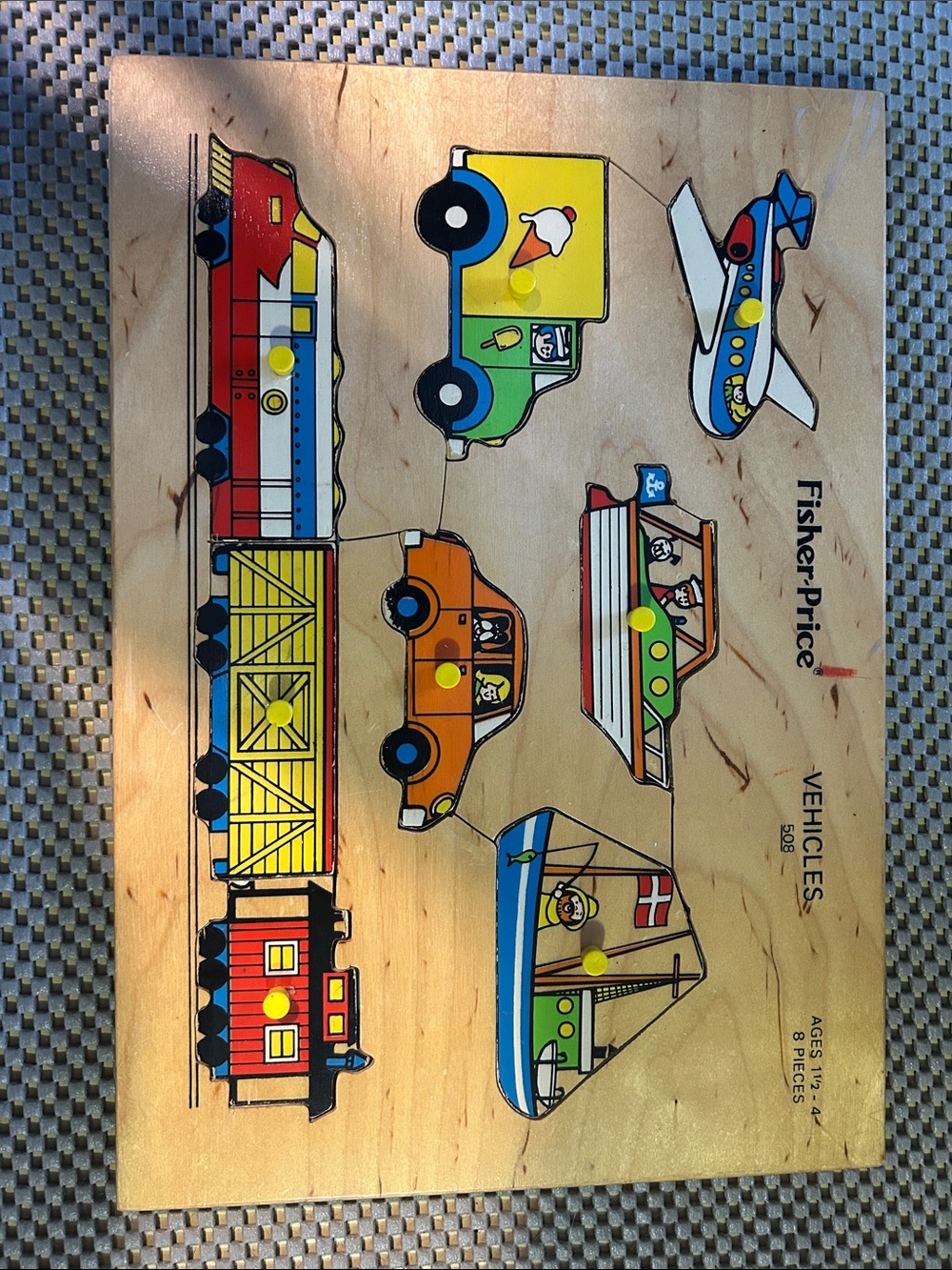 Vintage 70s Fisher Price Childrens 8 Pieces Vehicles #508 Wooden Peg Puzzle